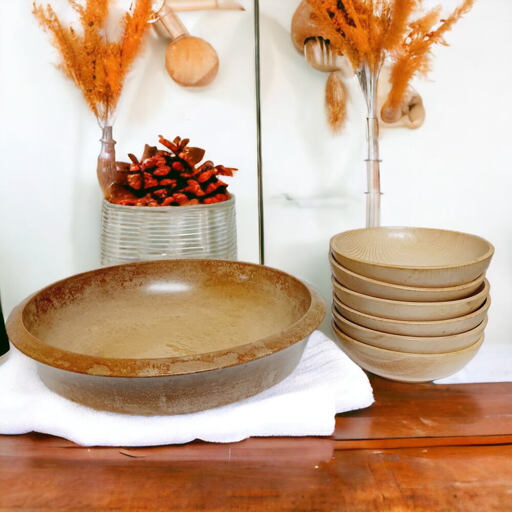 Vintage 7 PC Wooden Salad Bowl Set Distressed Rustic Retro Wood Handmade
